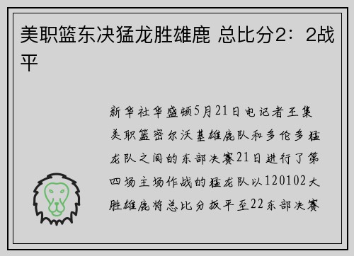 美职篮东决猛龙胜雄鹿 总比分2：2战平